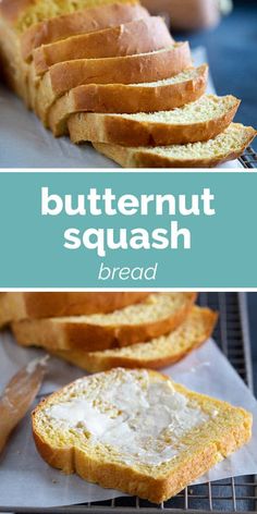 butternut squash bread sliced and sitting on a cooling rack next to a loaf of bread