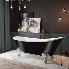 a bath tub sitting on top of a marble floor next to a window with curtains