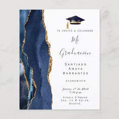 an elegant graduation party card with gold foil on the edges and blue watercolor paint