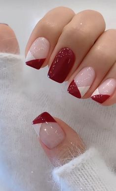 Simple Nail Art Designs Red, Maroon Nails Acrylic Short, Simple Red Nail Art Designs, Pink And Burgundy French Nails, Red Short Nail Ideas Acrylic, What Nail Color Goes With Burgundy Dress, Nail Art With Red Polish, Nail Art Designs Red And White, Wine Red Wedding Nails