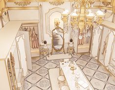 an artistic rendering of a fancy dining room with chandelier and table in the center