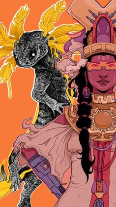 an illustration of a native american woman surrounded by animals and plants in orange, pink, yellow and black colors