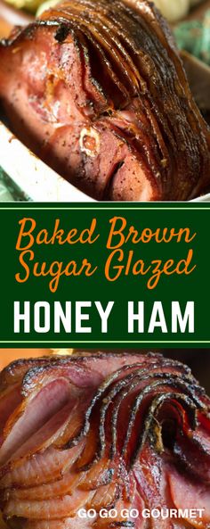 baked brown sugar glazed honey ham on a platter with text overlay that reads baked brown sugar glazed honey ham