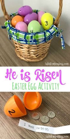 an easter basket with eggs in it and the words he is risen