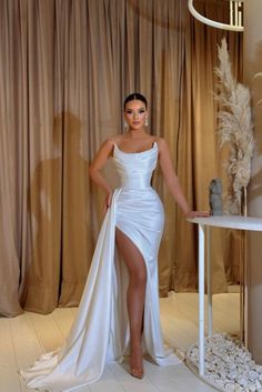 Alluring White Satin Long Evening Dress Strapless Side Split Party Dress Spaghetti Strap Bridesmaid Dress For Prom Season, White Strapless Dress For Gala During Prom Season, Spaghetti Strap Evening Dress With Sweep Train For Party, Backless Satin Bridesmaid Dress For Party, Elegant Fitted Ball Gown With Spaghetti Straps, Strapless Satin Dresses For Prom Season, Strapless Satin Dress For Prom, Elegant Spaghetti Straps Ball Gown, Satin Ball Gown For Party