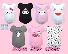 six baby ones with hello kitty on them in different colors and sizes, all wearing tshirts