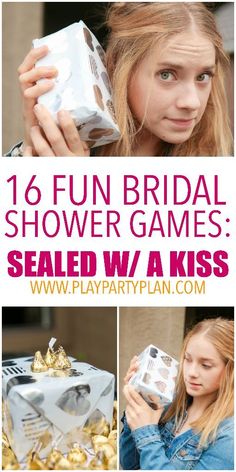 a collage of photos with text that reads 16 fun bridal shower games sealed with a kiss