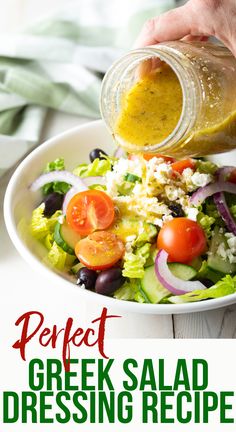 a person pouring dressing into a salad in a bowl