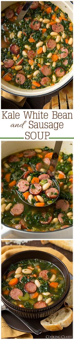 two pictures showing different types of food in the same pan, one with sausage and spinach