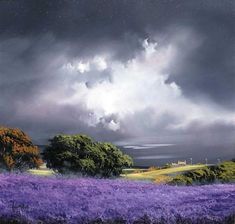 an oil painting of a field with trees and clouds in the sky above it is purple flowers