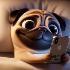 a pug dog holding an iphone in its paws