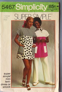 Simplicity 5467.   Vintage 1972 "super simple" mini tent dress or fashion smock pattern.   Size Med (SZ 12-14).  See picture 3 for measurements. Pattern is cut and complete.  Good condition. As described, "Super Simple min  ten dress or smock.  In misses sizes is gathered to a contrasting yoke  It has short kimono sleeves, center back, side seams and a lowered round neckline with back hook and eye closing.  Contrasting patch pockets trim the front." This dress or smock is so simple to make - great, fun fashion!  Add machine embroider, mix and match fabrics to create a unique outfit! Smock Pattern, Platform Clogs Shoes, Unique Outfit, Platform Clogs, Tent Dress, Miss Dress, Kimono Sleeves, Short Kimono, Fun Fashion