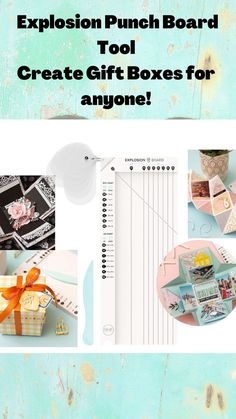 an assortment of crafting supplies with the words explosion punch board tool create gift boxes for anyone