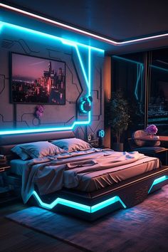 Cyberpunk interior Baddie Bedroom Ideas, Neon Bedroom, Led Lighting Bedroom, Purple Bedrooms, 80s Neon, Feminine Bedroom, Purple Bedroom, Purple Rooms