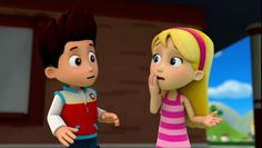 a cartoon boy and girl standing next to each other in front of a building, talking