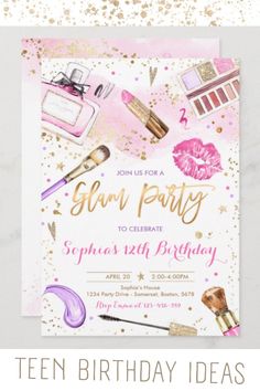 Glam Makeup Birthday Party Blush Pink Spa Party Invitation Glam Makeup Birthday, Pink Glam Party, Teen Spa Party, Makeup Party Decorations, Spa Birthday Invitations, Beauty Party Ideas, Makeup Birthday Party, Spa Party Invitations, Makeup Birthday