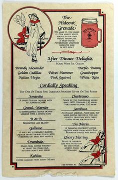 an old menu with some type of food on it's front page, and the words after dinner delights written in english