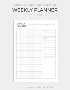 the printable weekly planner is shown in black and white, on a gray background