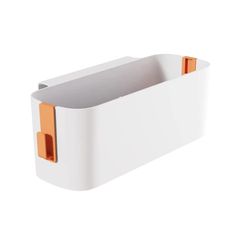 an orange and white plastic container on a white background