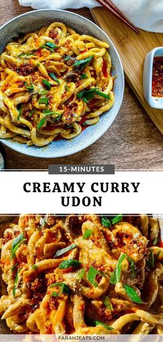 Top photo is of creamy curry udon served in a blue bowl, topped with parmesan and chili flakes, and green onions. Next to the bowl are chili flakes served in a small white bowl, a wooden board, and a pair of wooden chopsticks. The bottom photo is a closeup of the udon noodles. Creamy Udon, Curry Udon Noodles, Healthy Ramen Recipes, Noodle Dinner