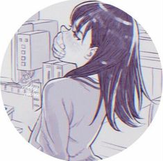 a drawing of a girl looking at a computer screen with her hand on her chin