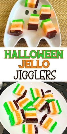 halloween jello jigglers on a white plate with the title in green and orange