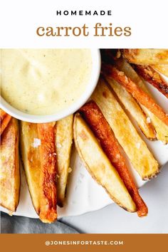 homemade carrot fries on a white plate with ranch dip in the middle and text overlay