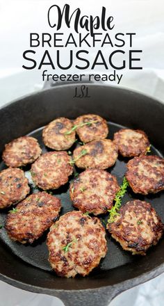 some crab cakes are cooking in a skillet on the stove with text overlay that reads maple breakfast sausage freeze - ready