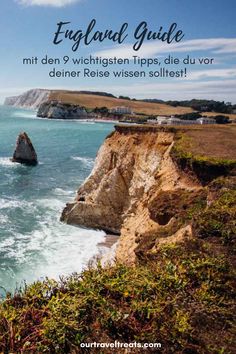 an image of the ocean and cliffs with text overlaying it that says,'e