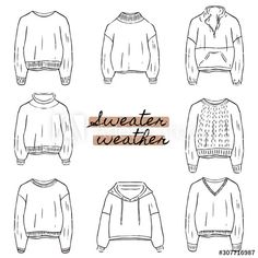 different sweaters on white background with the words sweater weather written in brown lettering, hand drawn