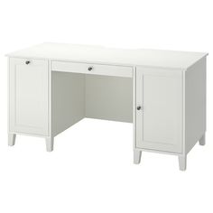 a white desk with two drawers and one door on the left side, against a white background