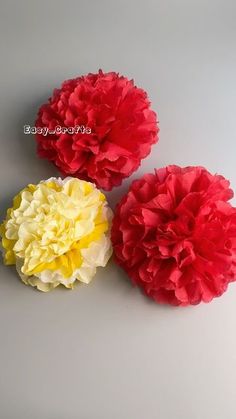 three red, yellow and white flowers on a gray surface