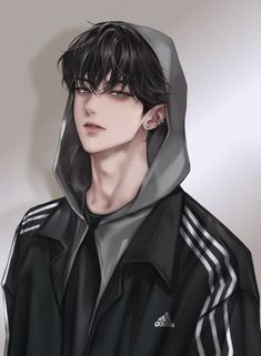 a drawing of a man wearing a black hoodie and adidas sweatshirt with earrings