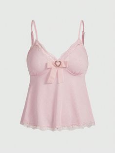 Rosa Casual Collar  Tela tejida Liso Tirantes Embellished Estiramiento medio Pink Camisole Top, Sweet Pink Outfit, Silk And Lace Top, Cute Shein Shirts, Hyperfeminine Outfit Pink, Pink Cute Clothes, Shein Pink Outfits, Cute Cami Tops