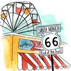 a watercolor painting of santa monica sign and ferris wheel