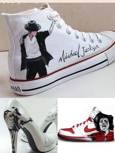 two pictures of shoes with michael jackson on them and the bottom one is painted white