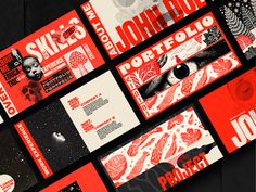 an assortment of red and black business cards