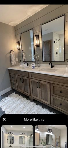 a bathroom with double sinks and large mirrors