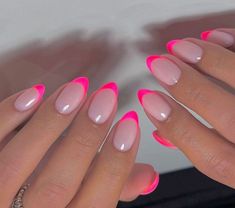 Nails Acrylic For Summer, Round Acrylic Nails Spring, Color French Tip Nails Almond, Hot Pink Chrome Nails French Tip, French Nails With Accent Nail, Summer Nail 2024 Trends Pink, Nail Acrylic Almond, Pink Almond French Tip Nails, Pink Almond Nails French Tip