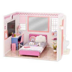 a doll house with a bed, desk and mirror