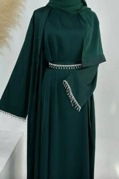 Abaya For Wedding, Muslim Fashion Dress Simple, Abaya With Belt, Eid Dress Ideas, Green Abaya, Abaya Shop, Abaya Designs Latest, Islamic Fashion Dresses