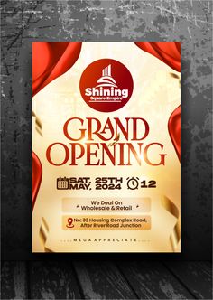 the grand opening flyer is shown with red curtains and gold foil on black wood planks