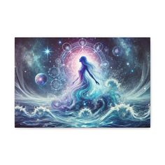 a woman standing on top of a wave in the ocean surrounded by stars and planets