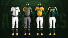 three baseball uniforms are shown on a dark background with green and yellow lettering that reads oakland athletics