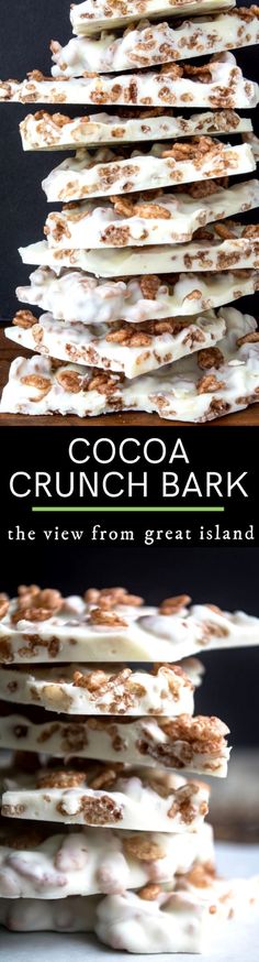 chocolate crunch bark is stacked on top of each other with white frosting and cinnamon sprinkles