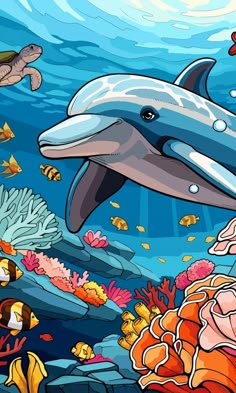 a dolphin swimming in the ocean surrounded by corals and sea life, with other marine animals