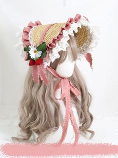 Dark Red/Pink Ruffle Trim Bowknots Strawberries Straw Bonnet