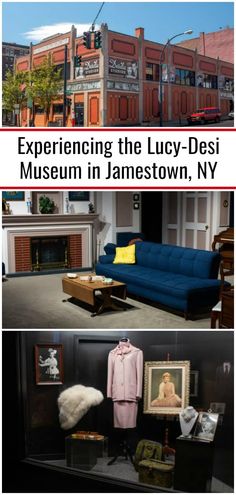 an advertisement for a museum with two pictures of furniture and other things on display in the background