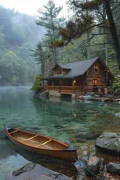 a small boat sitting on top of a lake next to a log cabin in the woods