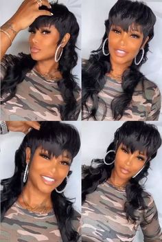 Fashion Wigs With Bangs Mullet Body Wave Glueless Human Hair For Women Party Wig | eBay Black Women Mullet Hairstyles, 4c Haircut, Mullet Pixie, Mullet Wigs, Mullet Hair, Mullet Wig, Weave Ponytail, Pixie Wig, Short Weave